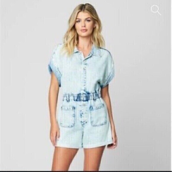 BlankNyc Rompers Womens Sz XS Acid Wash Blue Denim Short Sleeve Pockets Jumpsuit - Picture 1 of 12